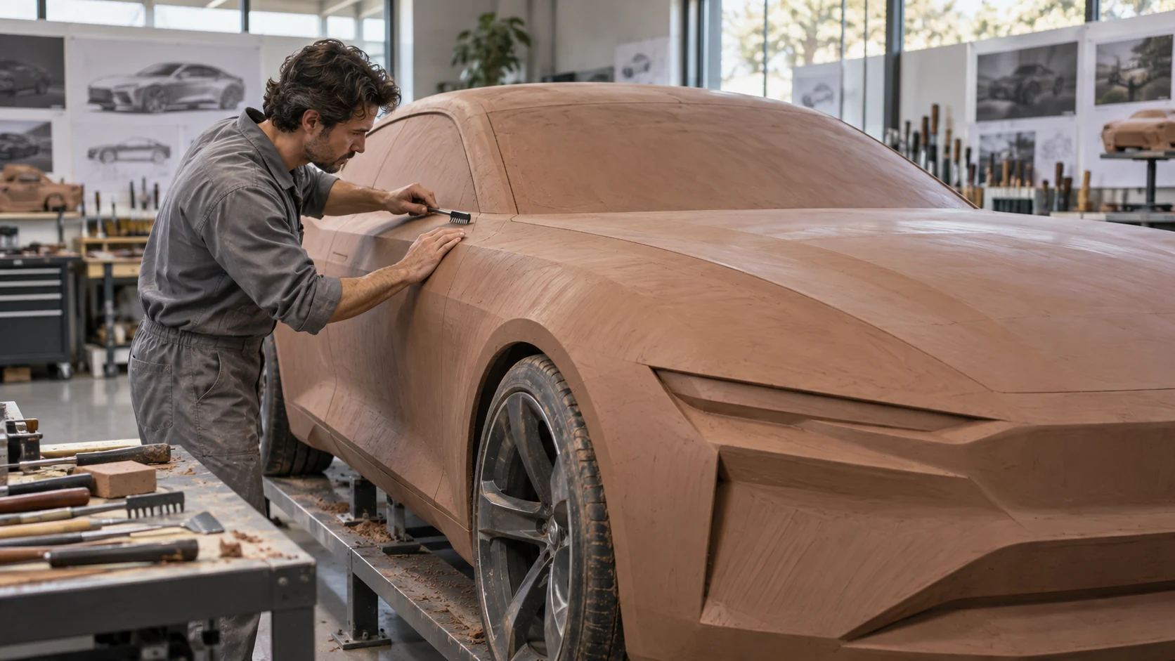 Concept visualization of a model maker refining a full-size automotive clay mockup in a workshop